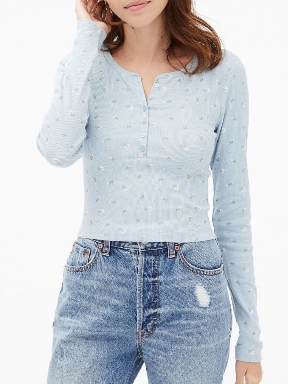 Aeropostale Light Blue Floral Long Sleeve Cropped Tee